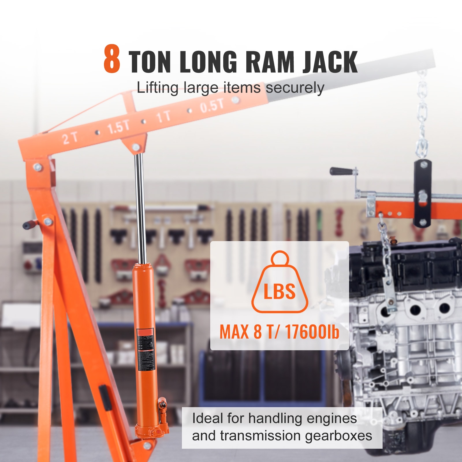 Hydraulic Long Ram Jack 8Ton Clevis Base Engine Hoist Cylinder Single Pump_voghion.com